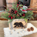Black Bear Holiday Wood Box – Winter Greenery Arrangement