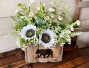 Black Bear Meadow Wood Box – White Sunflower Arrangement