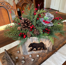 Black Bear Holiday Wood Box – Winter Greenery Arrangement