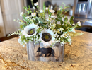 Black Bear Meadow Wood Box – White Sunflower Arrangement